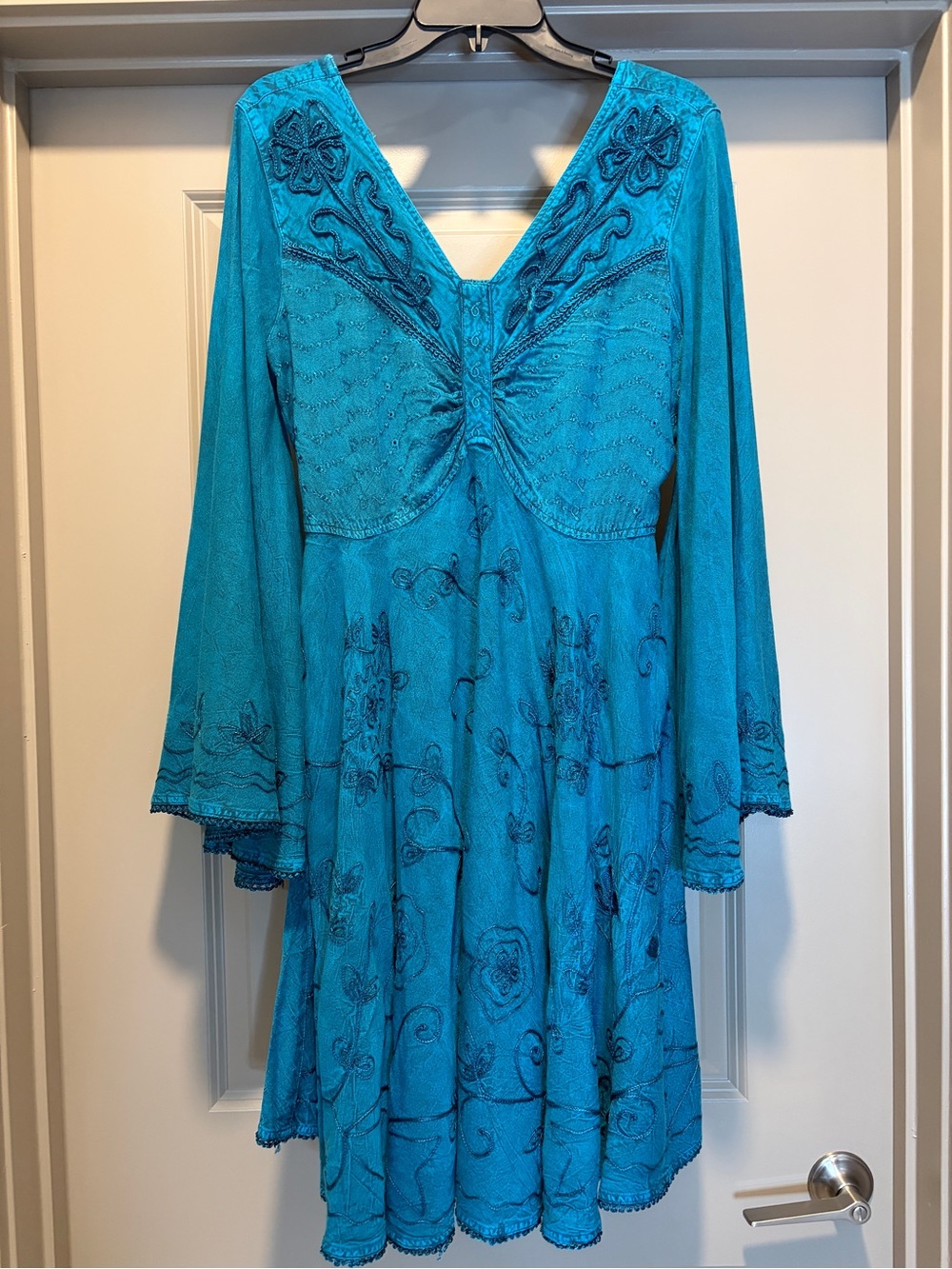 Sakkas Addyson turquoise bohemian dress bell sleeves floral embroidery